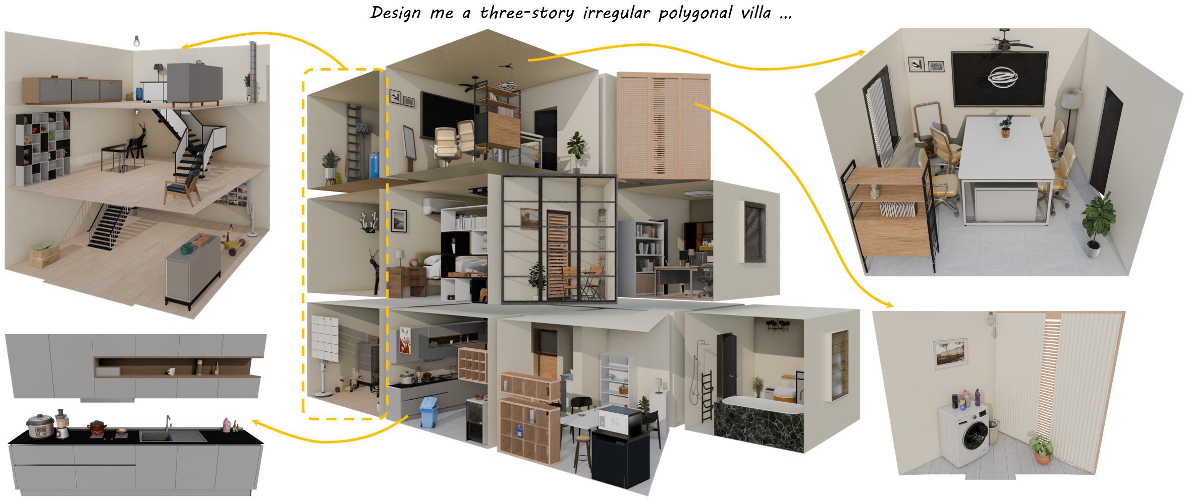 A generated multi-story villa with connected rooms and physically arranged furniture